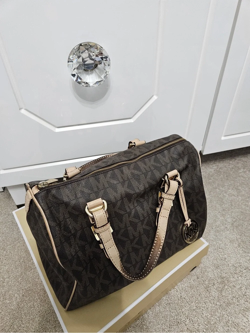 Michael Kors Brown Monogram Satchel with Beige Trim
